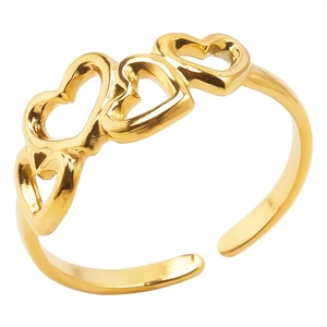 Adjustable golden stainless steel open ring featuring minimalist hollow heart shapes