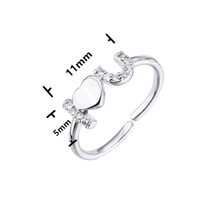 Detailed view of gold plated LOVE open ring with heart motif and zircon stones measurements