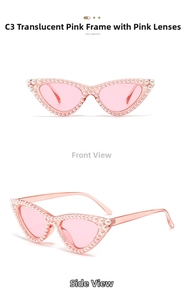 Detail of pink cat eye sunglasses featuring elegant pearl embellishments on frame