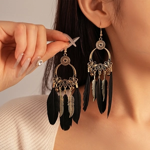 Alloy Tassel Earrings With Black Feather And Stainless Steel Earring Post Bohemian Vintage Ethnic For Women
