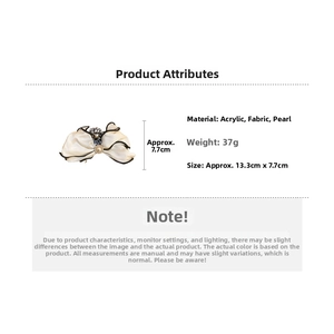 Detail showing acrylic pearl bow hair claw clip with fabric edges and dimensions