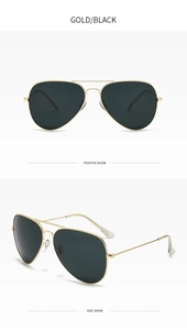 Front and side views of classic gold metal aviator sunglasses with black lenses