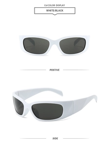 Vues de face et de côté de lunettes de soleil blanches futuristes avec verres noirs