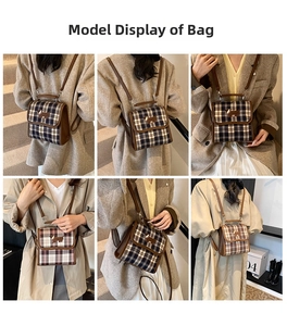 Collage of model wearing a vintage plaid backpack with brown leather straps and dog patch