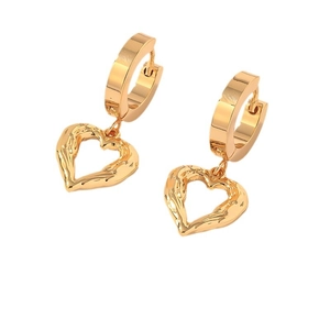 Polished gold heart drop earrings with irregular textured finish on a white background