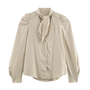 Women Plaid Long Sleeve Blouse With Bow Tie Neck And Puff Sleeves Casual Button Down Polyester Top