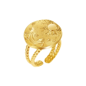 Adjustable golden signet ring with celestial sun moon star engravings and rope band