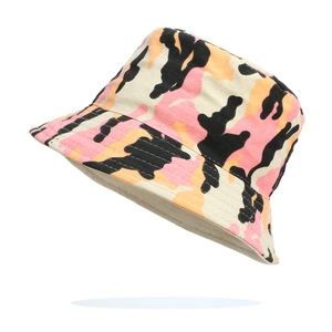 Detail of pink camouflage cotton bucket hat showing durable canvas texture and stitching