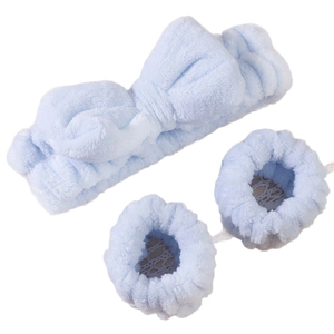 Light blue coral fleece set with bow headband and absorbent wristbands for face washing