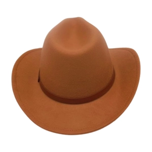Detail of classic brown western cowboy hat with felt texture and leather band decoration