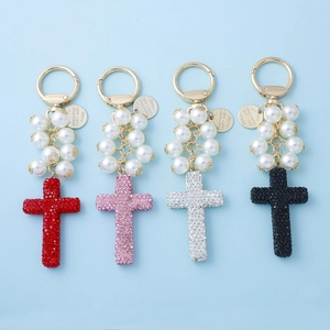 Cross Keychain With Faux Artificial Pearl Rhinestone Beaded Alloy Pendant For Bags Car Keys Elegant Religious Gift For Women
