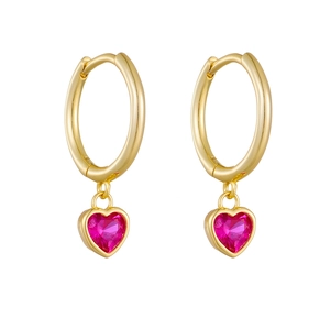 Elegant gold-plated S925 silver hoop earrings with vibrant magenta heart-shaped zircon
