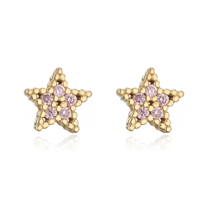 Close-up of 18K gold star stud earrings featuring pink zircon inlays and beaded edges