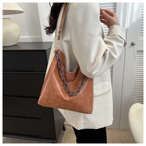 Brown hobo bag detail with chunky chain strap and white blazer casual fashion outfit