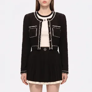 Short Tweed Jacket For Women Contrast Trim Elegant Round Neck Long Sleeve Crop Cardigan Single Breasted Coat