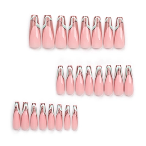 French stripe coffin press on nails with brown and green wavy designs, 24 pieces set