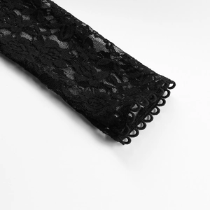 Close-up of black lace sleeve with intricate floral patterns and ring edge trim detail