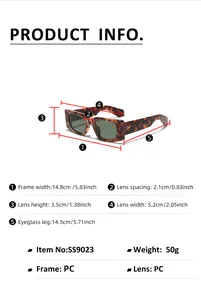 Detailed size chart for Y2K sunglasses showing lens width and frame dimensions