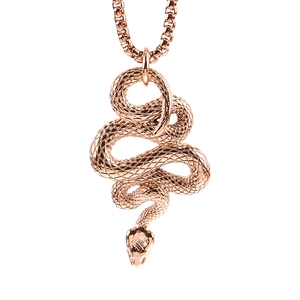 Macro detail of rose gold snake pendant showing intricate scale texture and box chain