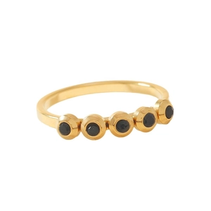 Polished gold stainless steel ring featuring five inlaid black round gemstones on white base