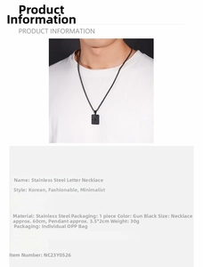 Detail view of gun black stainless steel A-letter square pendant necklace and dimensions