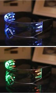 Detail view of cyberpunk LED glasses with neon blue and multicolor lighting patterns