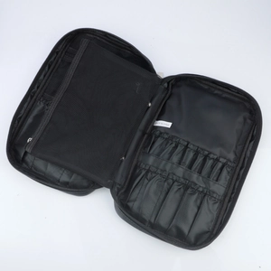 Portable black makeup brush organizer bag with zipper and multiple elastic storage slots