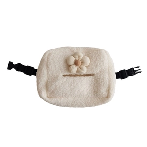 Plush cream flower car seat tissue holder with adjustable straps and safety buckle