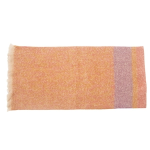 Detail of multi-color orange gradient scarf showing soft wool texture and fringe edges