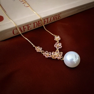 Pink Zircon Flower Imitation Artificial Pearl Choker Necklace Copper Clavicle Chain Elegant French Vintage Style Women Neck Jewelry
