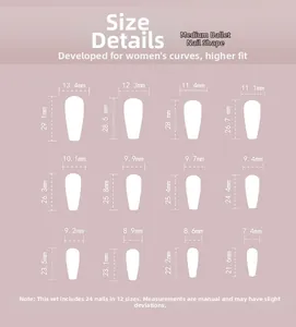Tableau des tailles détaillé pour faux ongles ballerine avec 12 dimensions spécifiques