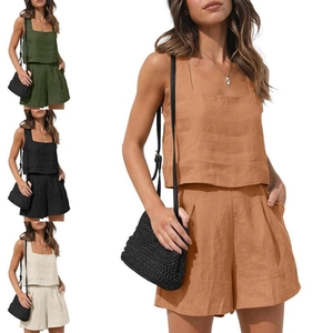 Ensemble Femme Coton Et Lin Top Sans Manches Et Short Taille Haute Tenue D'été Décontractée