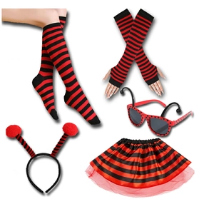 Ladybug costume set with striped socks, arm warmers, headband, glasses and tutu skirt