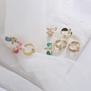 Cross Star Open Adjustable Ring Copper Gold Plated Enamel Zircon Geometric Jewelry For Women