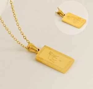 Detailed engraving of sheep zodiac and Buddha on gold stainless steel square pendant