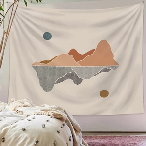 Bohemian landscape tapestry with abstract sun and mountains for bedroom wall decor