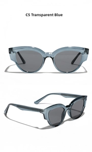 Detail of transparent blue TR90 sunglasses frame with model TR28022 specs and grey lenses