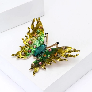 Exquisite gold alloy flame butterfly brooch with green enamel and multicolor crystals