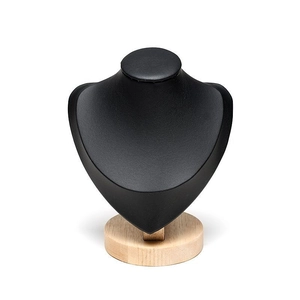 Detail of black leather bust necklace display stand with cylindrical wooden base