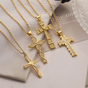 Fashion Copper Gold Plated Cross Pendant Necklace For Women Men Sparkling Zirconia Religious Jewelry Inlaid Charm Necklace