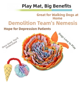 Detail of colorful pet sniffing mat with textured fabric layers and ice cream cone toy