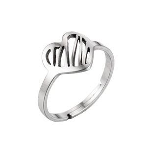 Minimalist adjustable stainless steel open ring featuring a hollow heart pattern design