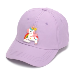 Detail of a purple unicorn baseball cap for girls featuring 3D rainbow patch embroidery