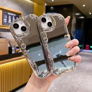 Irregular silver mirror wave phone case with star pattern for iPhone 15 and 16 Pro Max