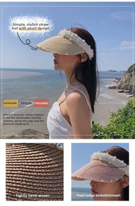 Detail of straw sun visor with pearl accents and woven texture on a seaside headband hat