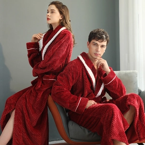 Burgundy thick flannel couple bathrobes with waffle texture and stylish contrast piping