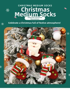 Close-up of three plush Christmas stockings featuring Santa, reindeer, and snowman designs