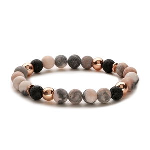 Armband aus rosa Zebra-Jaspis und Lavastein mit roségoldenen Perlen für ätherische Öle
