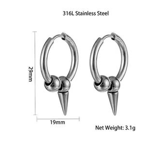 Silver 316L stainless steel hoop earrings with cone pendant for women and men