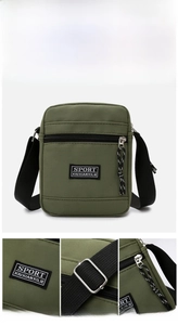 Macro shot of durable green nylon shoulder bag with SPORT logo and adjustable strap buckles